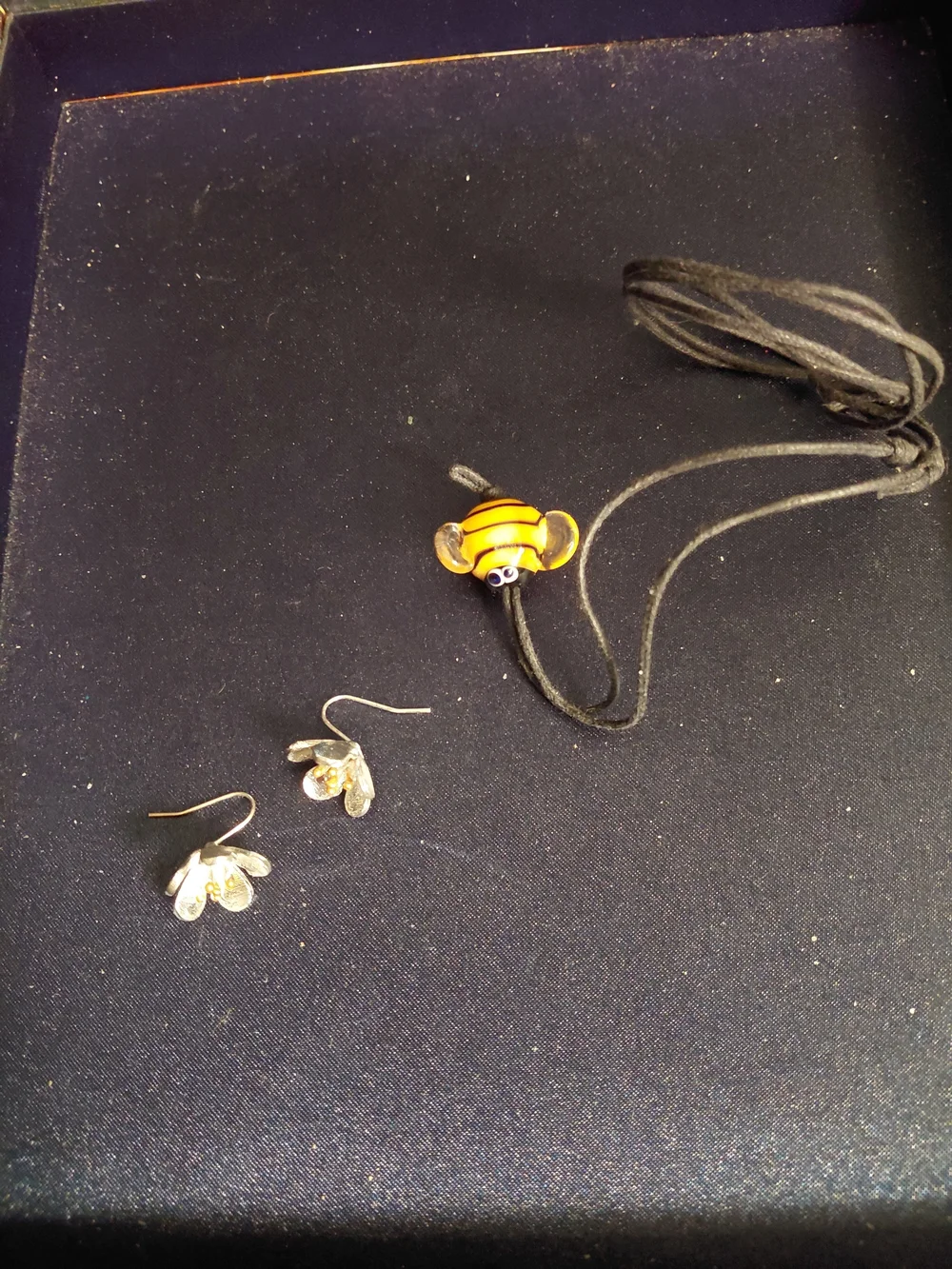 Source Unknown Yellow and Black Bee Glass Bead Necklace with Black Cord